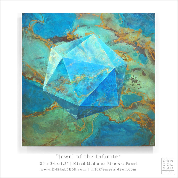Icosahedron crystal geometry chrysocolla mineral fine art work. 